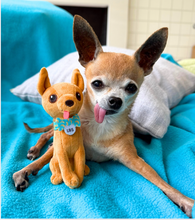 Small dog lying on a blue blanket with a toy dog next to it